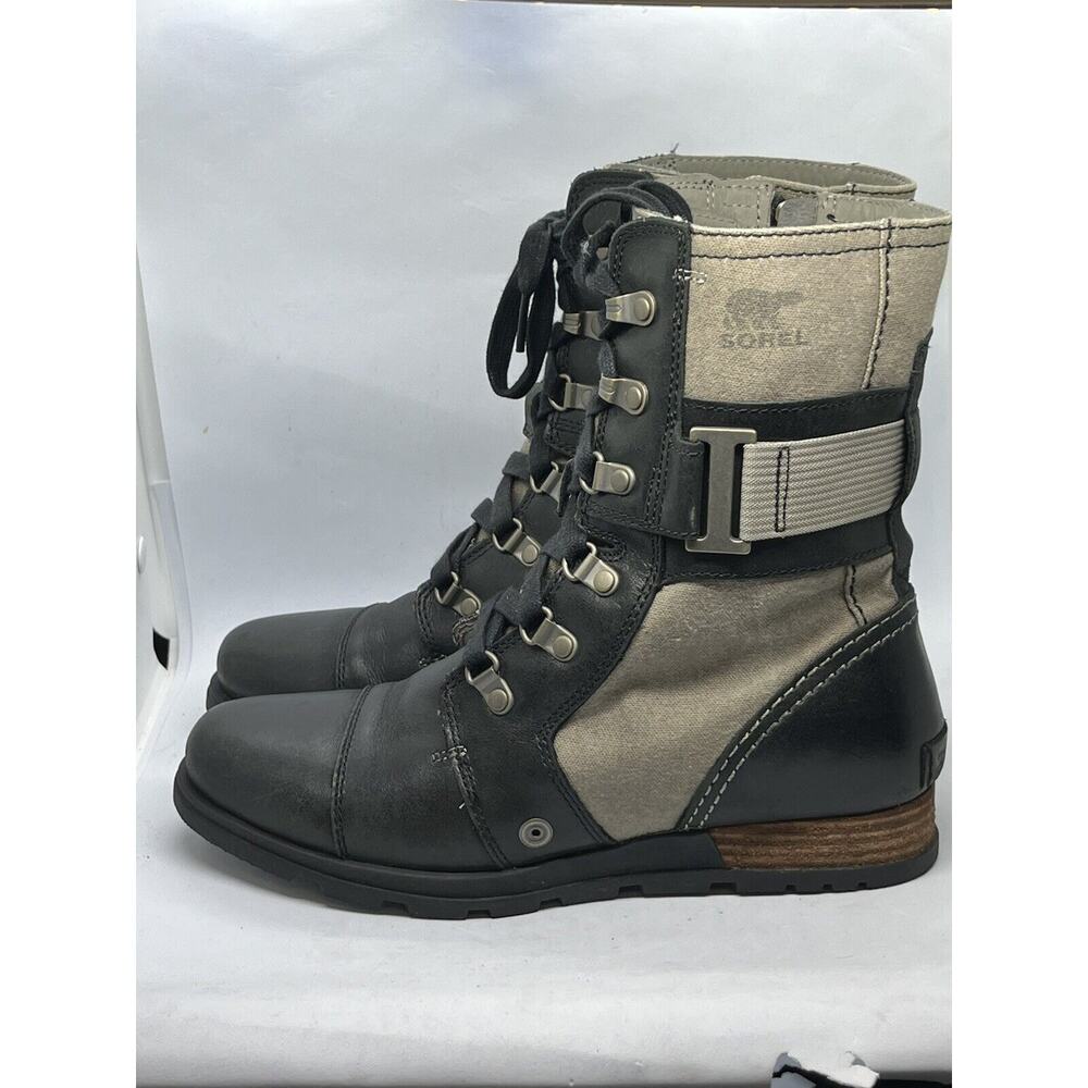 SOREL Women’s MAJOR CARLY Lace Up Leather Canvas Boot 8 Black Gray USED